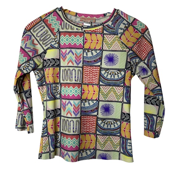 Mara Hoffman Swim Top Sz M Patchwork Print 3/4 Sleeve Colorful Resort Athleisure - Picture 1 of 5
